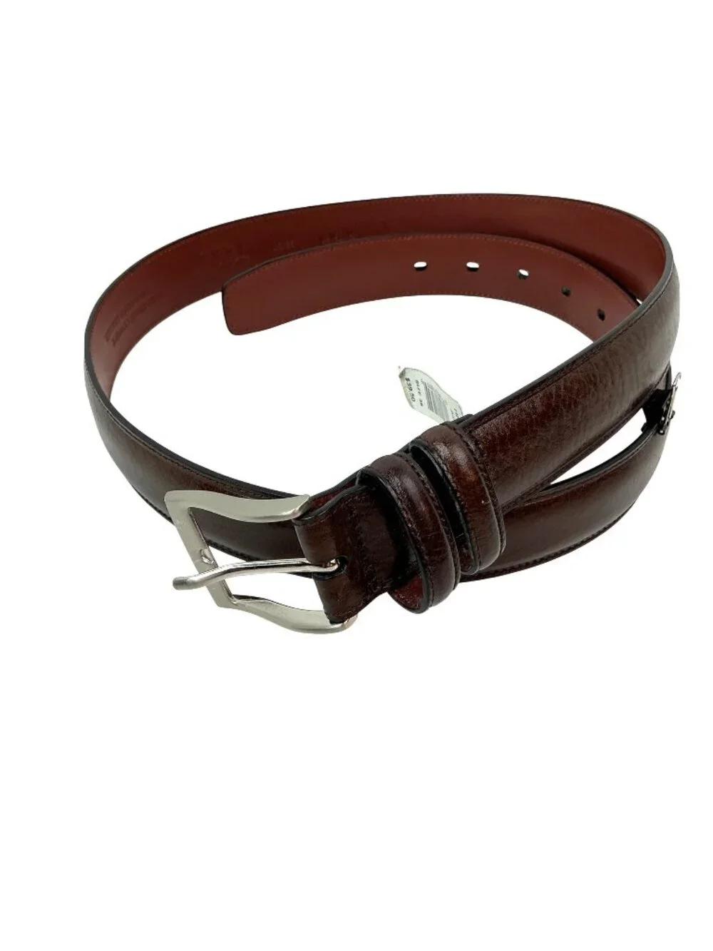 New Original Penguin Full-Grain Cowhide Leather Belt Mens 36 Brown With Silver B